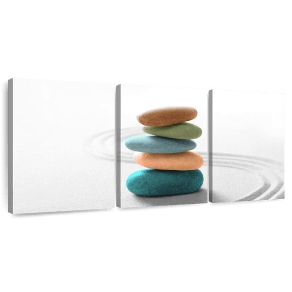 Elephant Stock Colorful Zen Stones Wall Art - Horizontal Multi Panel Canvas - Lobby Wall Decor - Wellness Multi Panel - White And Teal Decor - 32" x 15"