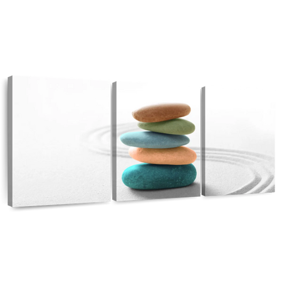 Elephant Stock Colorful Zen Stones Wall Art - Horizontal Multi Panel Canvas - Lobby Wall Decor - Wellness Multi Panel - White And Teal Decor - 38" x 18"