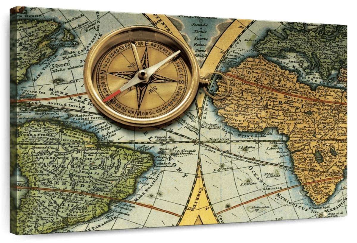 Elephant Stock Compass Atlas World Map Wall Art Horizontal Canvas