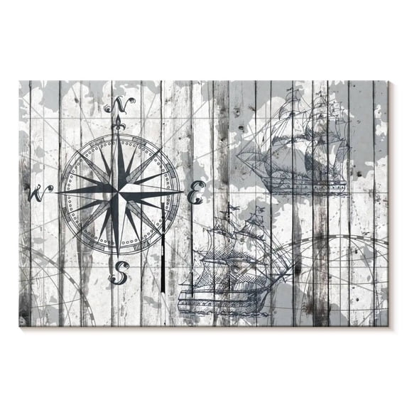Elephant Stock Compass Wall Art - Horizontal Canvas Wall Art - Living Room Wall Decor - Nautical Canvas - Gray And White Decor - 36" x 24"