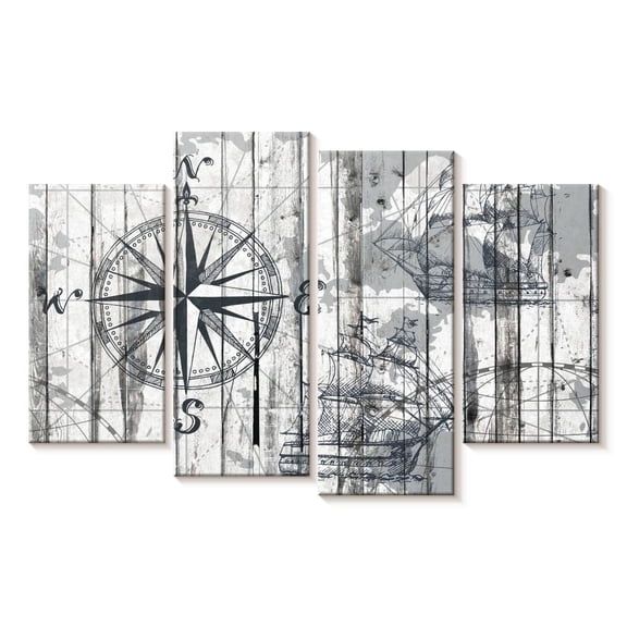 Elephant Stock Compass Wall Art - Horizontal Multi Panel Canvas - Living Room Wall Decor - Nautical Multi Panel - Gray And White Decor - 36" x 22"