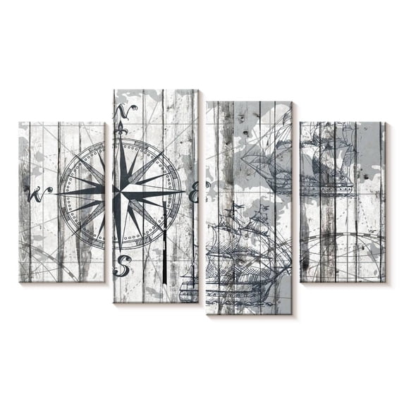 Elephant Stock Compass Wall Art - Horizontal Multi Panel Canvas - Living Room Wall Decor - Nautical Multi Panel - Gray And White Decor - 52" x 32"