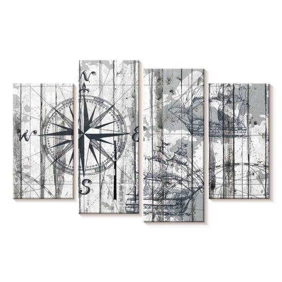 Elephant Stock Compass Wall Art - Horizontal Multi Panel Canvas - Living Room Wall Decor - Nautical Multi Panel - Gray And White Decor - 84" x 54"