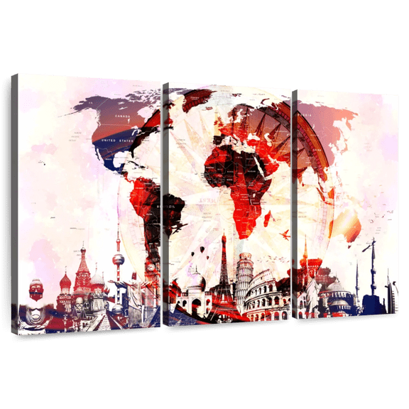 Elephant Stock Compass World Map Wall Art - Horizontal Multi Panel Canvas - Living Room Wall Decor - Map Multi Panel - Red And Blue Decor - 74" x 48"