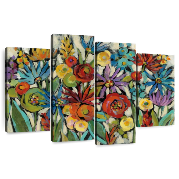 Elephant Stock Confetti Floral Wall Art - Horizontal Multi Panel Canvas - Living Room Wall Decor - Floral And Botanical Multi Panel - Green And Red Decor By Silvia Vassileva - 36" x 22"