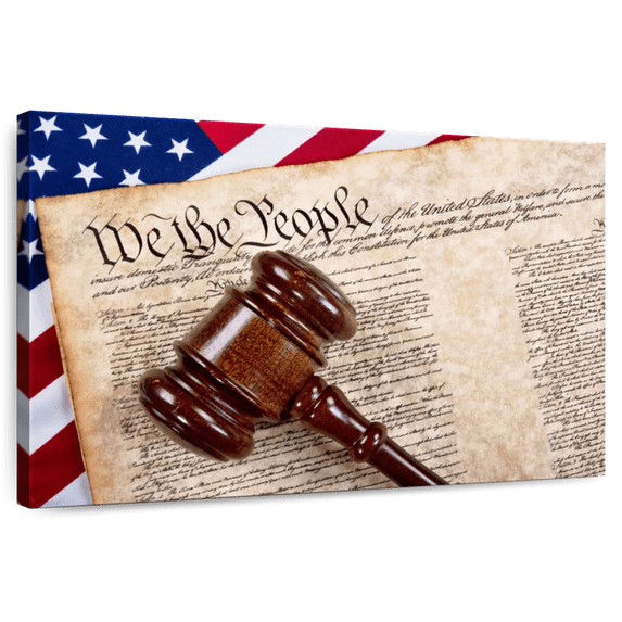 Elephant Stock Constitution With Wooden Gavel Wall Art - Horizontal Canvas Wall Art - Living Room Wall Decor - Education Canvas - Blue And Gray Decor - 39" x 26"