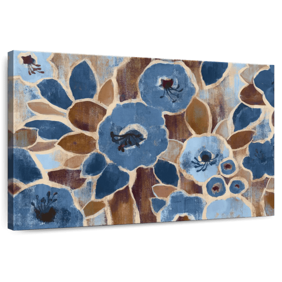 Elephant Stock Contemporary Tapestry Blue Wall Art - Horizontal Canvas Wall Art - Living Room Wall Decor - Floral And Botanical Canvas - Blue And Beige Decor By Silvia Vassileva - 48" x 32"