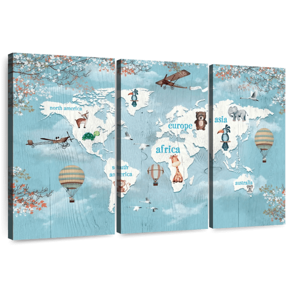 Elephant Stock Continental Animals Wall Art - Horizontal Multi Panel Canvas - Living Room Wall Decor - Map Multi Panel - Blue And Beige Decor - 33" x 20"