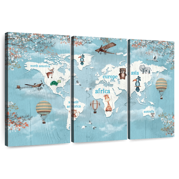Elephant Stock Continental Animals Wall Art - Horizontal Multi Panel Canvas - Living Room Wall Decor - Map Multi Panel - Blue And Beige Decor - 38" x 24"