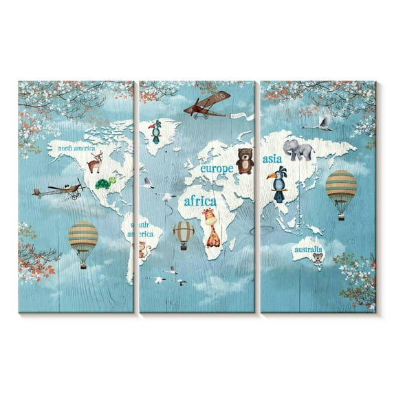 Elephant Stock Continental Animals Wall Art - Horizontal Multi Panel Canvas - Living Room Wall Decor - Map Multi Panel - Blue And Beige Decor - 38" x 24"