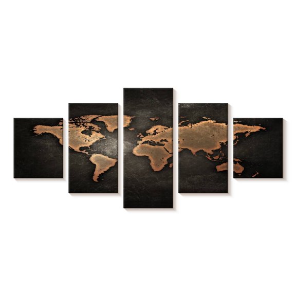 Elephant Stock Copper World Map Wall Art - Horizontal Multi Panel Canvas - Living Room Wall Decor - Map Multi Panel - Brown And Black Decor - 74" x 34"