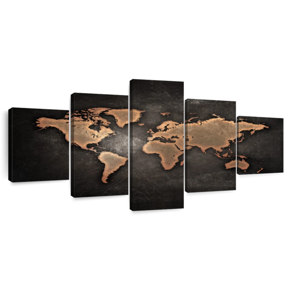 Elephant Stock Copper World Map Wall Art - Horizontal Multi Panel Canvas - Living Room Wall Decor - Map Multi Panel - Brown And Black Decor - 92" x 42"