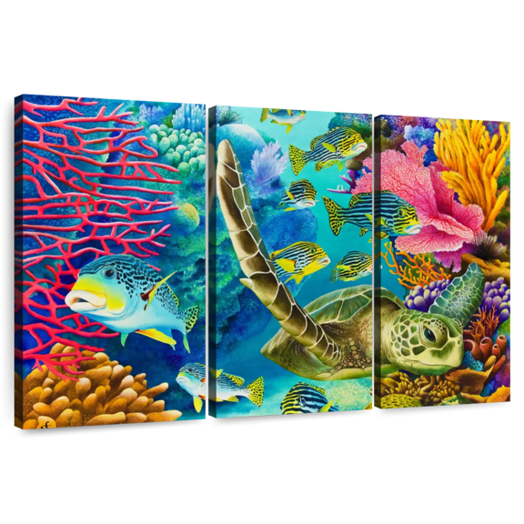 Elephant Stock Coral Canyon Wall Art - Horizontal Multi Panel Canvas - Living Room Wall Decor - Nautical Multi Panel - Blue And Green Decor By Carolyn Steele - 33" x 20"