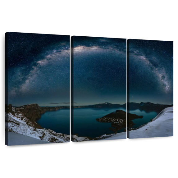 Elephant Stock Crater Lake Under The Milky Way Wall Art - Horizontal Multi Panel Canvas - Living Room Wall Decor - Astronomy & Space Multi Panel - Teal And Blue Decor - 38" x 24"