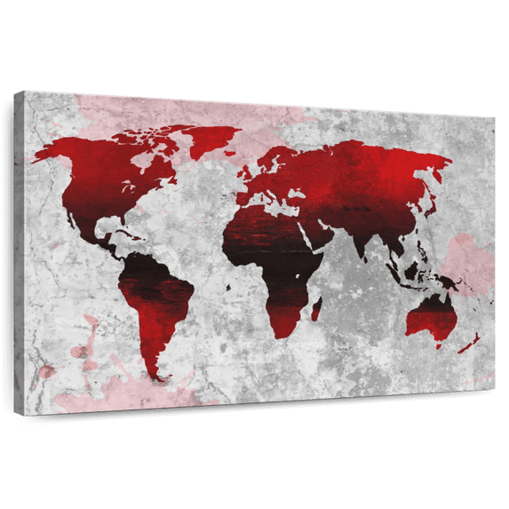 Elephant Stock Crimson World Map Wall Art - Horizontal Canvas Wall Art - Living Room Wall Decor - Map Canvas - Gray And Red Decor - 45" x 30"