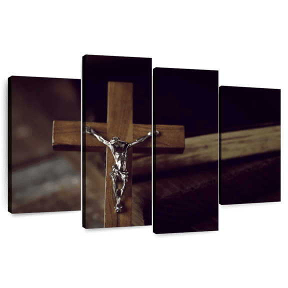 Elephant Stock Cross Of Forgiveness Wall Art - Horizontal Multi Panel Canvas - Living Room Wall Decor - Religion And Spirituality Multi Panel - Brown And Yellow Decor - 36" x 22"