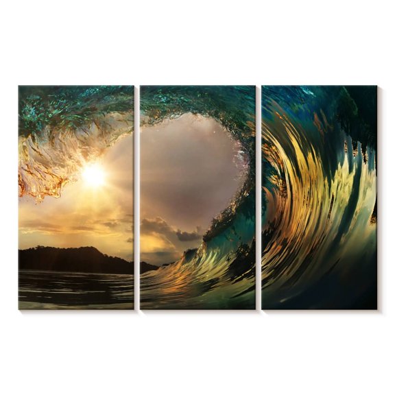 Elephant Stock Crystal Ocean Wave Wall Art - Horizontal Multi Panel Canvas - Living Room Wall Decor - Beach Multi Panel - Teal And Yellow Decor - 33" x 20"