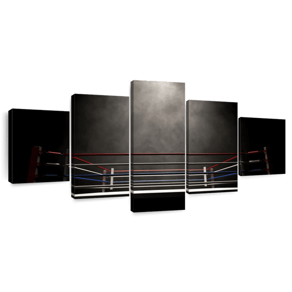 Elephant Stock Dark Boxing Ring Wall Art - Horizontal Multi Panel Canvas - 5 Pieceliving Room Wall Decor - Photography Sports Multi Panel - Black And Gray Decor - 68" x 30"