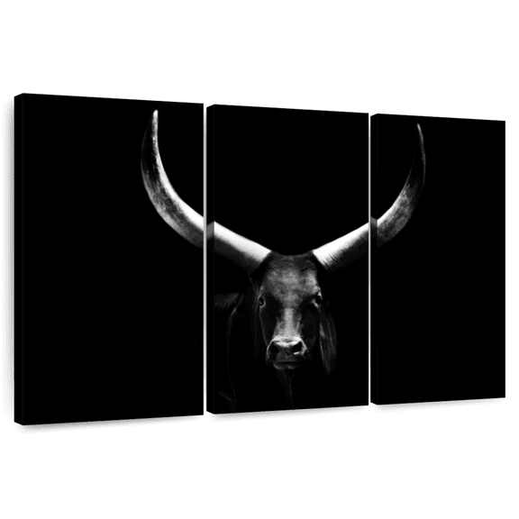 Elephant Stock Dark Watusi Bull Wall Art - Horizontal Multi Panel Canvas - Living Room Wall Decor - Animal Multi Panel - Black And White Decor - 33" x 20"