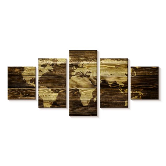 Elephant Stock Dark Wood World Map Wall Art - Horizontal Multi Panel Canvas - Living Room Wall Decor - Map Multi Panel - Brown And Black Decor - 55" x 24"