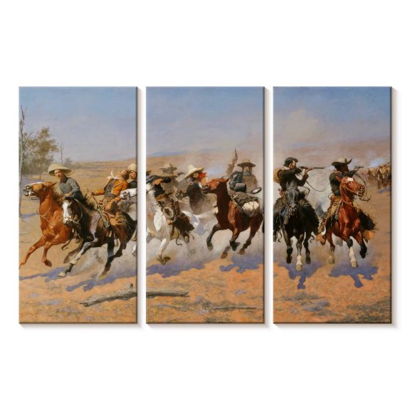 Elephant Stock A Dash For The Timber Wall Art - Horizontal Multi Panel Canvas - Living Room Wall Decor - Our America Multi Panel - Brown And Blue Decor By Frederic Remington - 23" x 14"