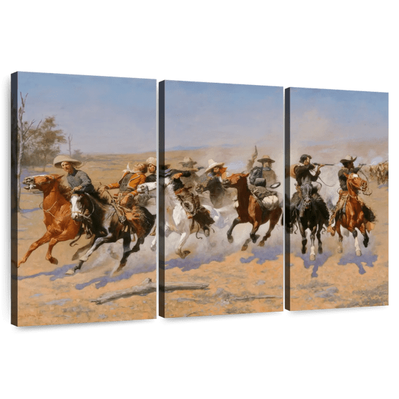 Elephant Stock A Dash For The Timber Wall Art - Horizontal Multi Panel Canvas - Living Room Wall Decor - Our America Multi Panel - Brown And Blue Decor By Frederic Remington - 45" x 28"