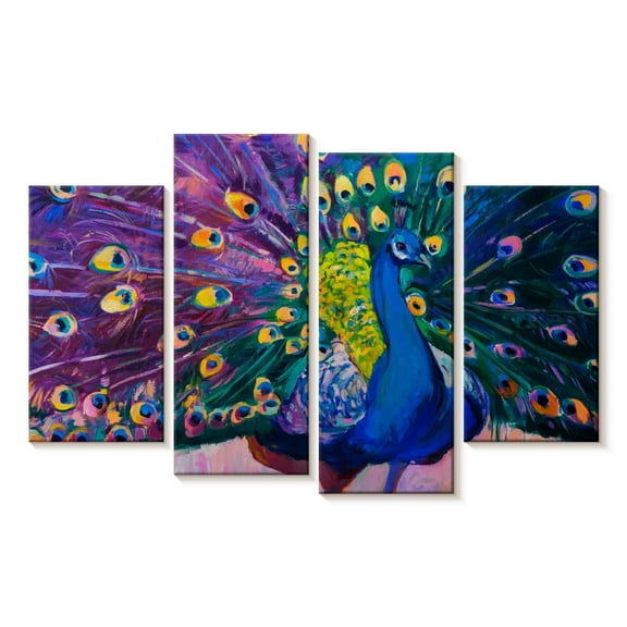 Elephant Stock Dazzling Peacock Wall Art - Horizontal Multi Panel Canvas - Lobby Wall Decor - Animal Multi Panel - Pink And Teal Decor - 30" x 18"