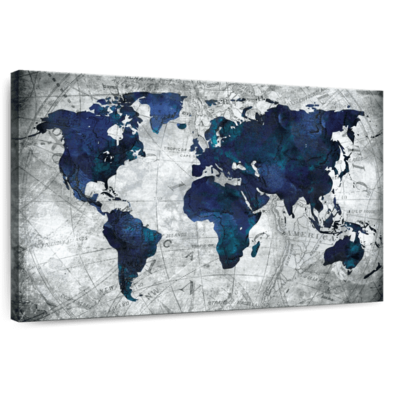 Elephant Stock Deep Blue World Map Wall Art - Horizontal Canvas Wall Art - Living Room Wall Decor - Map Canvas - Gray And Blue Decor - 51" x 34"