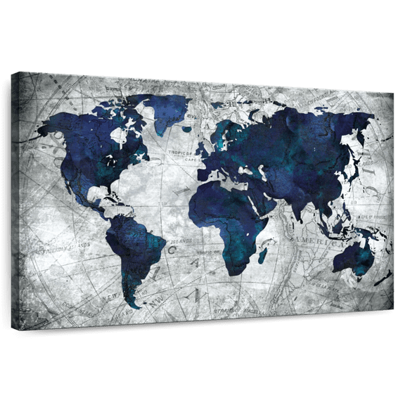 Elephant Stock Deep Blue World Map Wall Art - Horizontal Canvas Wall Art - Living Room Wall Decor - Map Canvas - Gray And Blue Decor - 51" x 34"