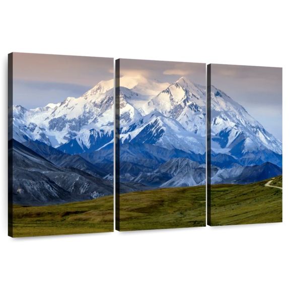 Elephant Stock Denali In Alaska Wall Art - Horizontal Multi Panel Canvas - 3 Pieceliving Room Wall Decor - Photography Nature Multi Panel - Gray And Blue Decor - 33" x 20"