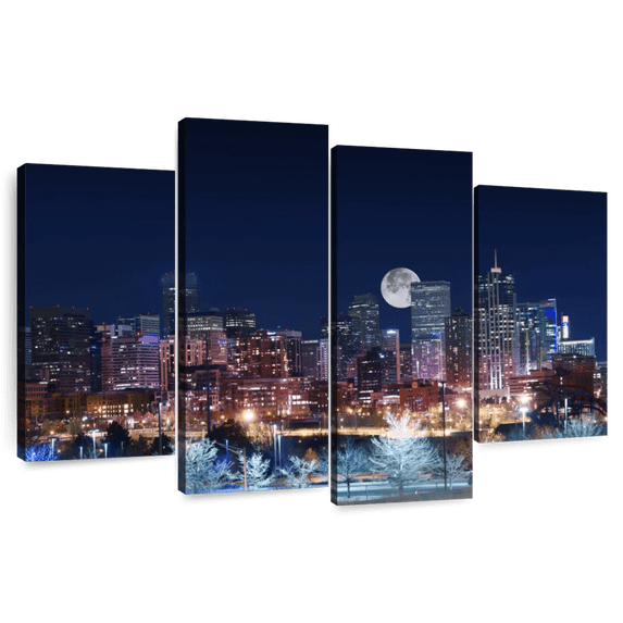 Elephant Stock Denver Full Moon Night Wall Art - Horizontal Multi Panel Canvas - Living Room Wall Decor - City Multi Panel - Blue And Brown Decor - 36" x 22"