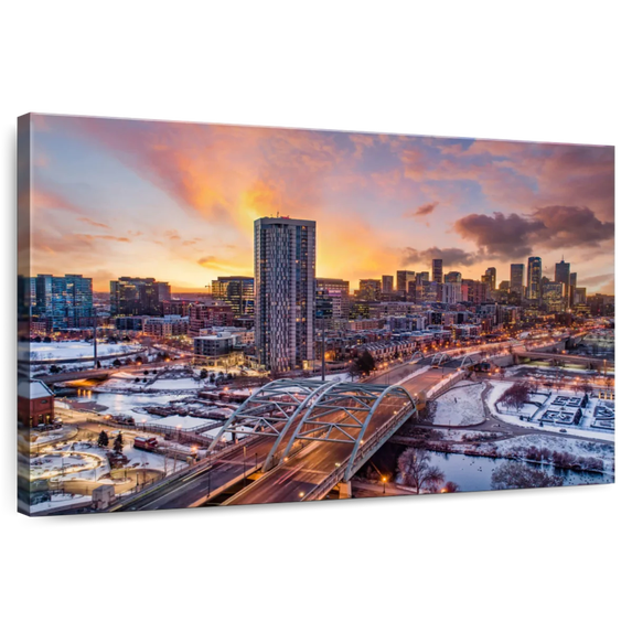 Elephant Stock Denver Winter Sunset Wall Art - Horizontal Canvas Wall Art - Living Room Wall Decor - City Canvas - Blue And Beige Decor - 12" x 8"