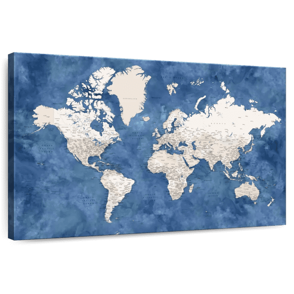 Elephant Stock Detailed World Map With Cities I Wall Art - Horizontal Canvas Wall Art - Living Room Wall Decor - Map Canvas - Beige And Blue Decor By Blursbyai - 30" x 20"
