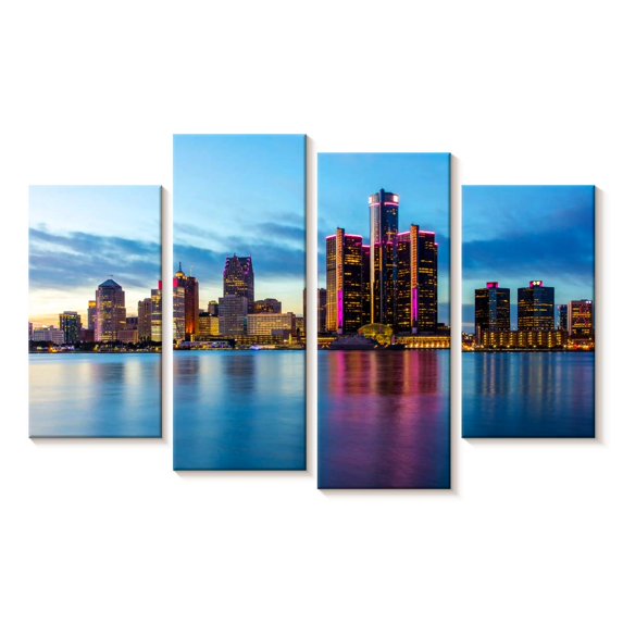 Elephant Stock Detroit Sundown Wall Art - Horizontal Multi Panel Canvas - Lobby Wall Decor - Places Multi Panel - Gray And Blue Decor - 75" x 48"