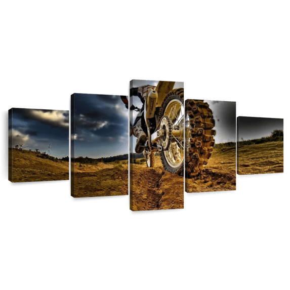 Elephant Stock Dirt Bike Wall Art - Horizontal Multi Panel Canvas - Living Room Wall Decor - Sports Multi Panel - Brown And Blue Decor - 55" x 24"