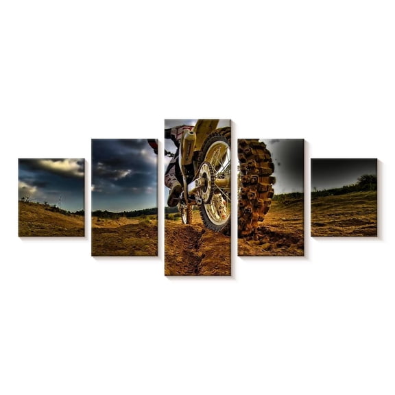 Elephant Stock Dirt Bike Wall Art - Horizontal Multi Panel Canvas - Living Room Wall Decor - Sports Multi Panel - Brown And Blue Decor - 55" x 24"