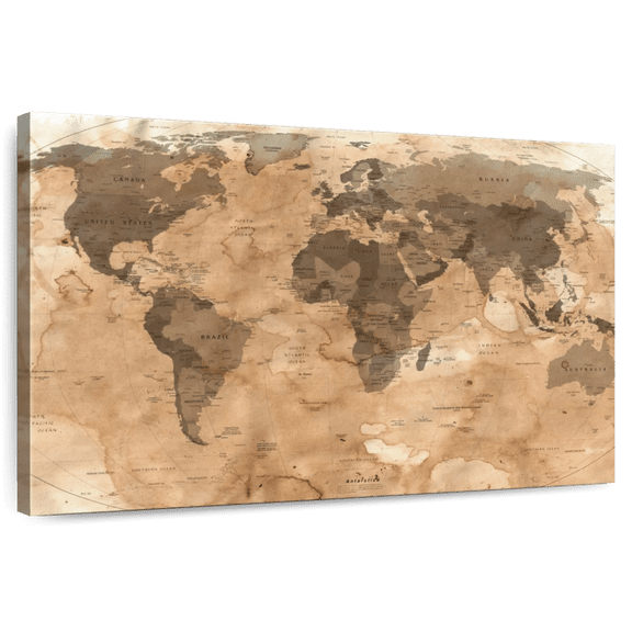 Elephant Stock Dirty World Map Wall Art - Horizontal Canvas Wall Art - Living Room Wall Decor - Map Canvas - Beige And Brown Decor - 24" x 16"