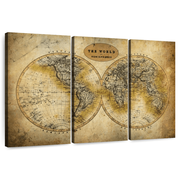 Elephant Stock Discover The World Map Wall Art - Horizontal Multi Panel Canvas - Living Room Wall Decor - Map Multi Panel - Gray And Brown Decor - 33" x 20"