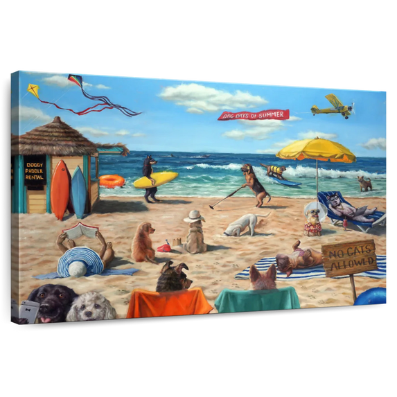 Elephant Stock Dog Beach Wall Art - Horizontal Canvas Wall Art - Living Room Wall Decor - Humor Canvas - Blue And Beige Decor By Lucia Heffernan - 48" x 32"