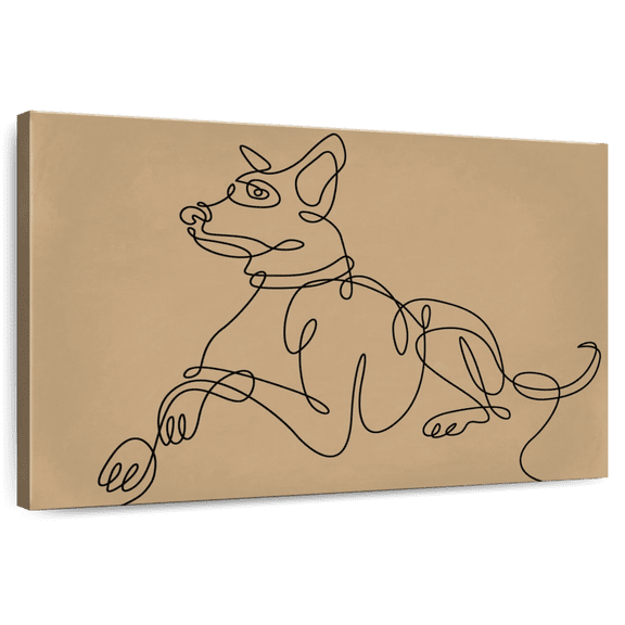 Elephant Stock Dog Line Illustration Wall Art - Horizontal Canvas Wall Art - Living Room Wall Decor - Animal Canvas - Beige And Black Decor - 51" x 34"