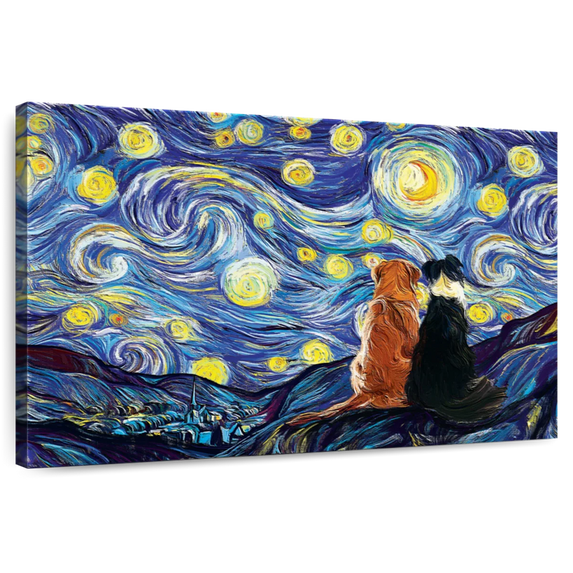 Elephant Stock Dogs Journey Starry Night Wall Art - Horizontal Canvas Wall Art - Bedroom Wall Decor - Animal Canvas - Black And Blue Decor - 48" x 32"