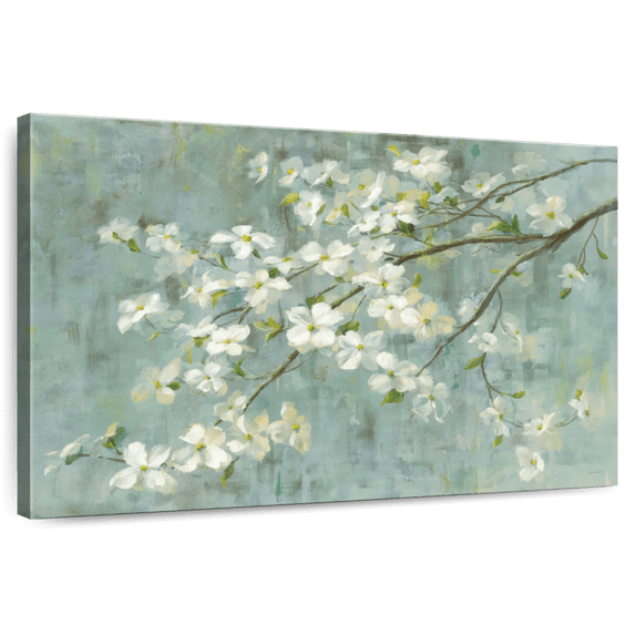 Elephant Stock Dogwood In Spring On Blue Wall Art - Horizontal Canvas Wall Art - Living Room Wall Decor - Floral And Botanical Canvas - Gray And Blue Decor By Danhui Nai - 48" x 32"