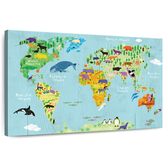 Elephant Stock Domestic Animals World Map Wall Art - Horizontal Canvas Wall Art - Living Room Wall Decor - Map Canvas - Beige And Gold Decor - 48" x 32"