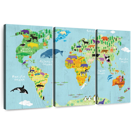 Elephant Stock Domestic Animals World Map Wall Art - Horizontal Multi Panel Canvas - Living Room Wall Decor - Map Multi Panel - Beige And Gold Decor - 38" x 24"