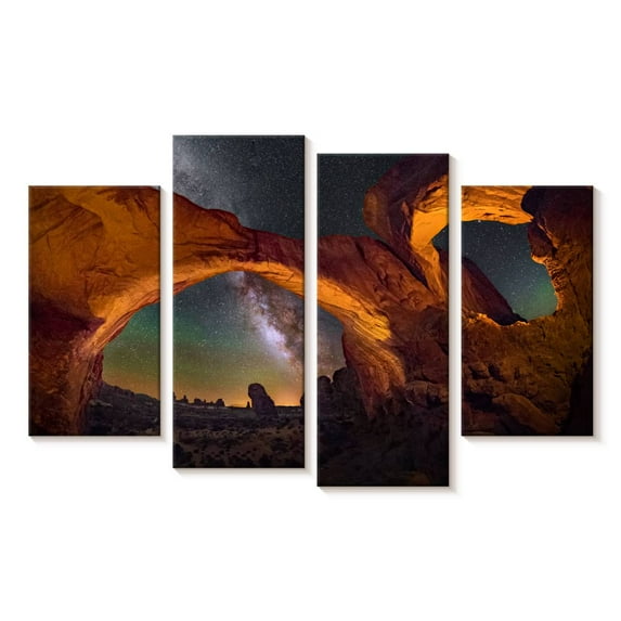 Elephant Stock Double Arch Under Milky Way Wall Art - Horizontal Multi Panel Canvas - Living Room Wall Decor - Astronomy & Space Multi Panel - Orange And Blue Decor - 24" x 14"