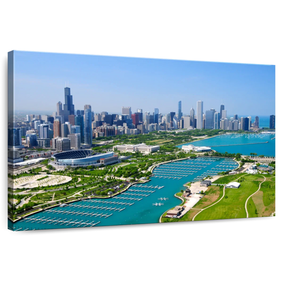 Elephant Stock Downtown Chicago And Lake Michigan Wall Art - Horizontal Canvas Wall Art - Living Room Wall Decor - City Canvas - Blue And Gray Decor - 24" x 16"