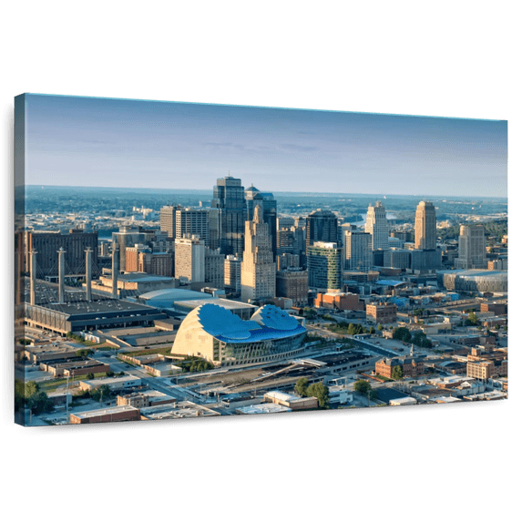 Elephant Stock Downtown Kansas City Wall Art - Horizontal Canvas Wall Art - Living Room Wall Decor - Places Canvas - Gray And Blue Decor - 24" x 16"