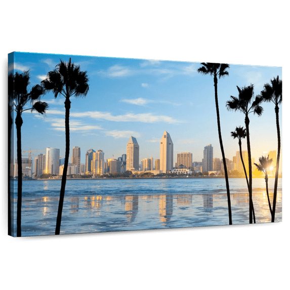 Elephant Stock Downtown San Diego Skyline Wall Art - Horizontal Canvas Wall Art - Living Room Wall Decor - City Canvas - Blue And Yellow Decor - 48" x 32"