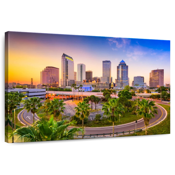 Elephant Stock Downtown Tampa Skyline Wall Art - Horizontal Canvas Wall Art - Living Room Wall Decor - Places Canvas - Blue And Orange Decor - 12" x 8"