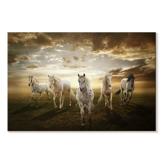 Elephant Stock Dramatic White Horses Wall Art - Horizontal Canvas Wall Art - Living Room Wall Decor - Animal Canvas - Gray And Beige Decor - 24" x 16"